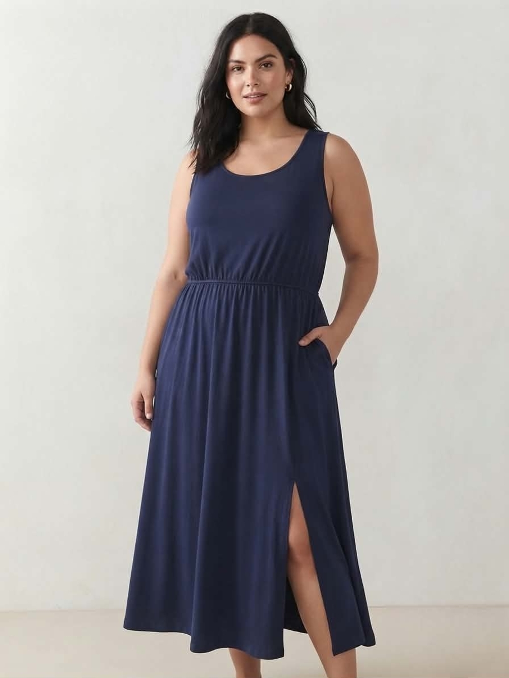 Navy Blue Sleeveless Maxi Dress with Pockets and Leg Slit Size 1XL